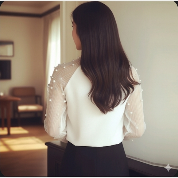 ParisStyle White Blouse w/ Beaded Long Sleeves, XL NWT✔️ - Picture 6 of 7